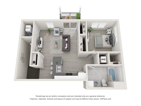 a stylized floor plan of a 1 bedroom192 sqft